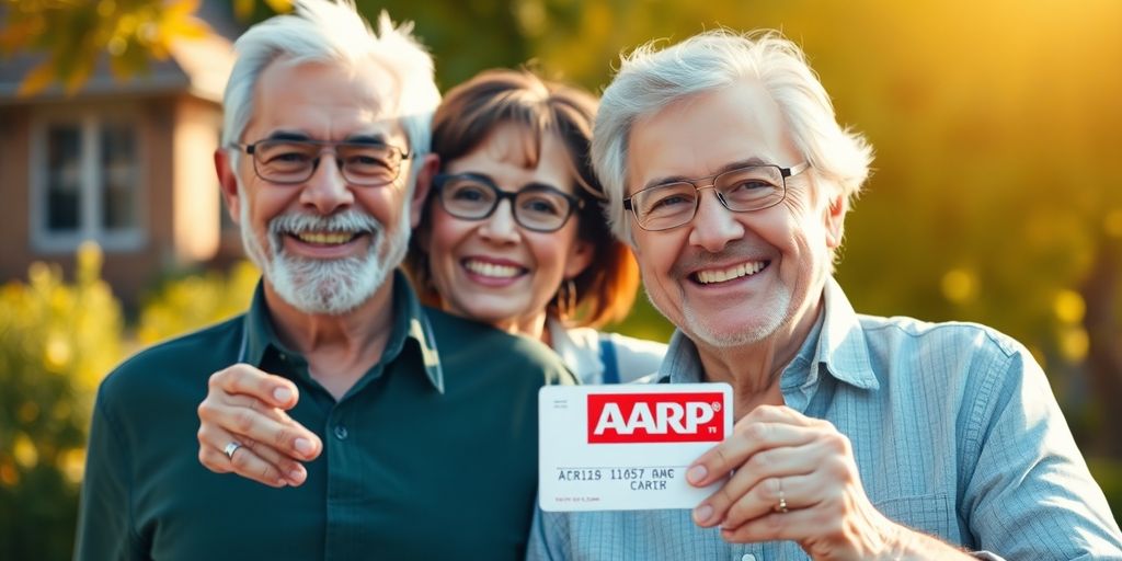 Elderly couple smiling, holding AARP card.