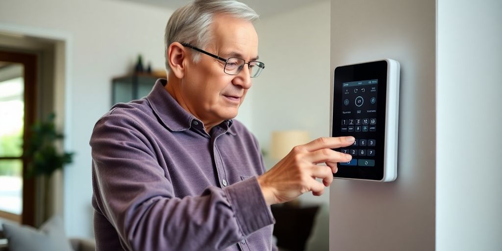 Elderly person using a home security system.